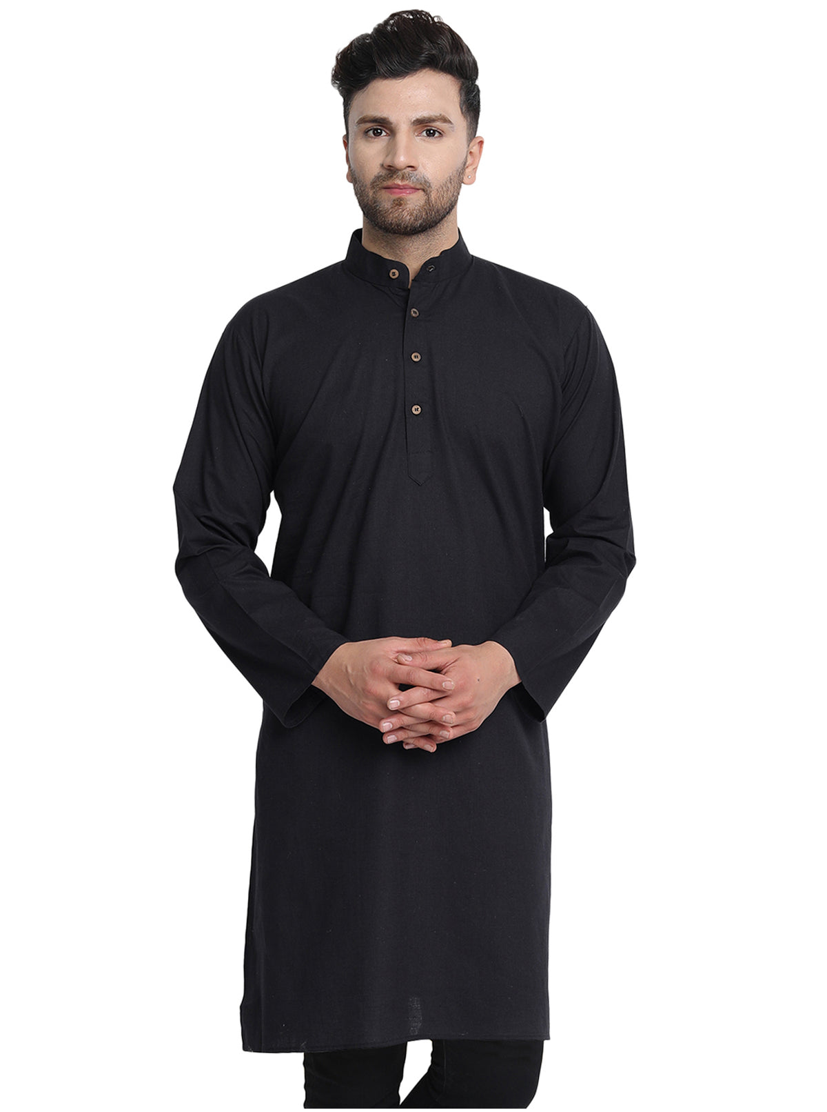 Men's black cotton band collar knee-length kurta, front view.