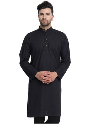 Men's black cotton band collar knee-length kurta, front view.
