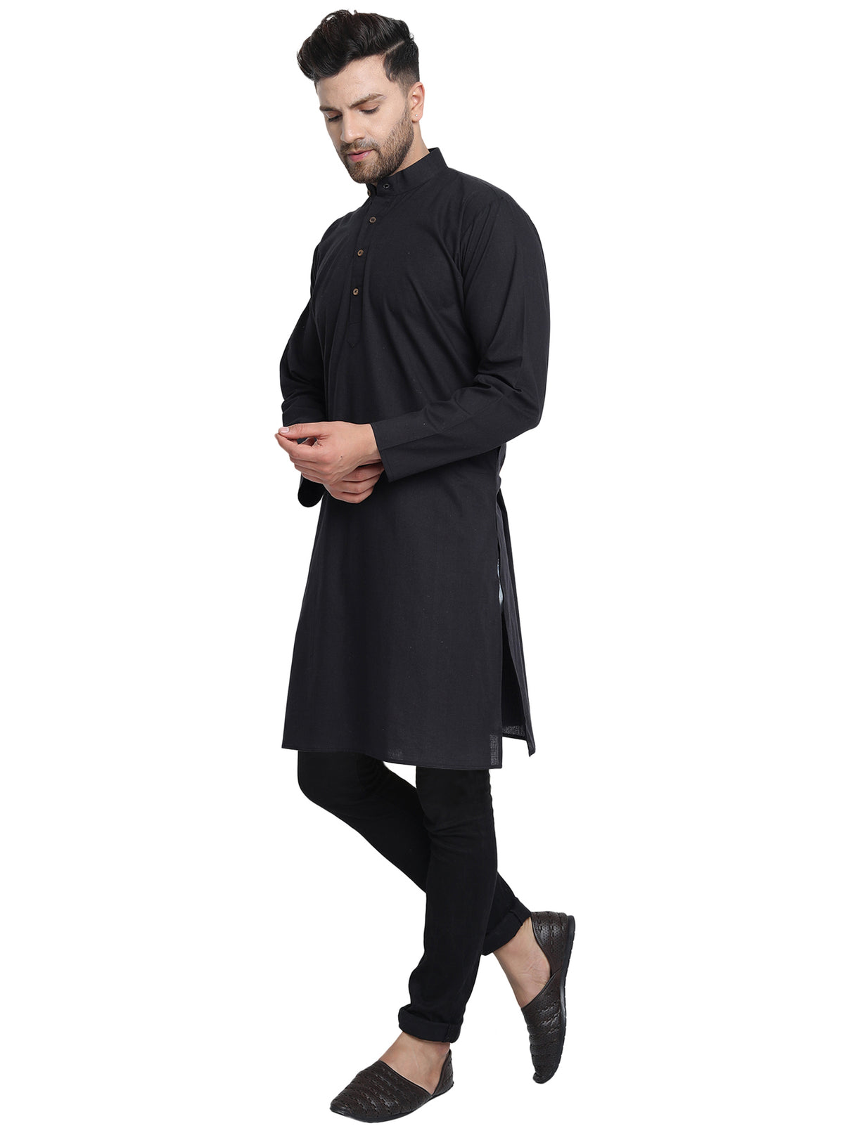 Men's black cotton band collar knee-length kurta, side view.