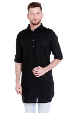 Front view of men's black cotton Pathani roll-up sleeve kurta tunic with shoulder strap, suitable for wedding guest looks.