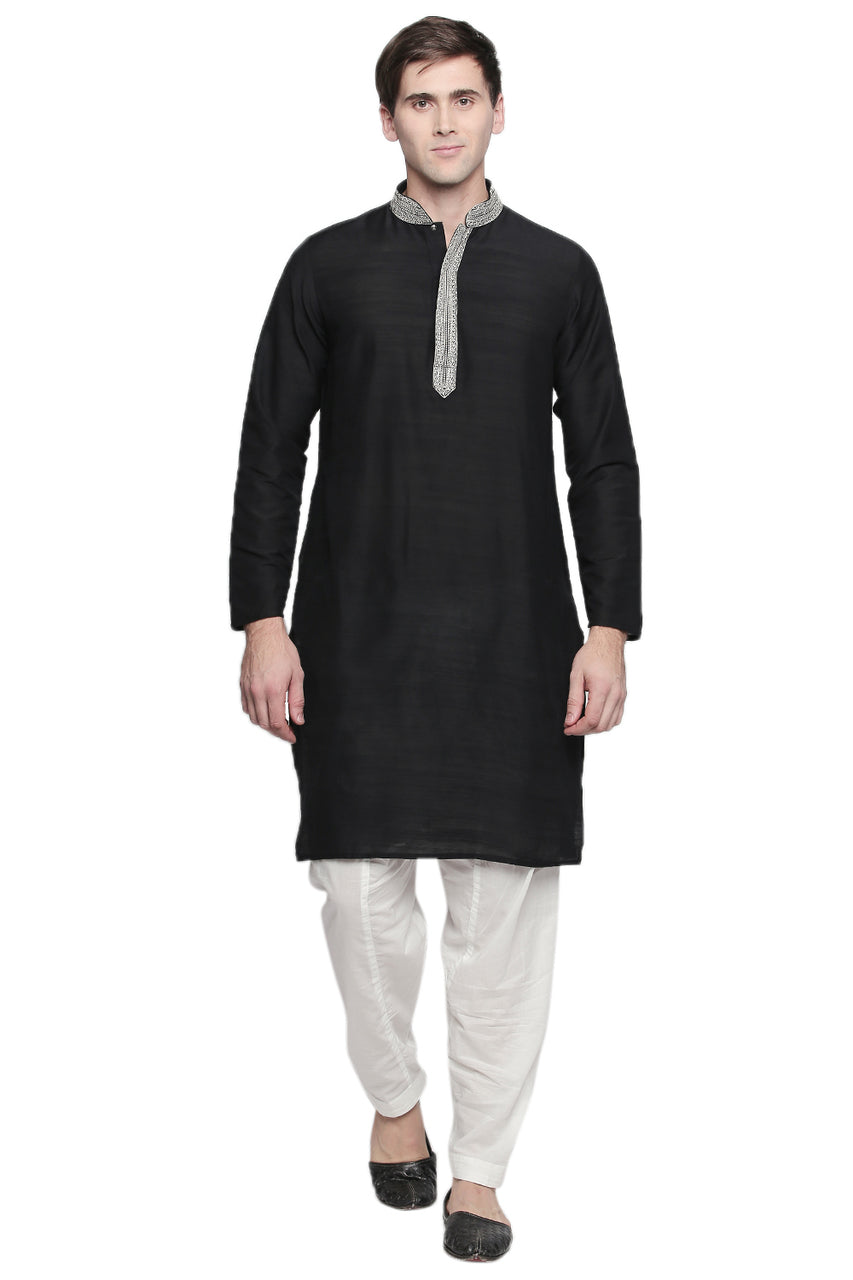 Men's black embroidered cotton blend knee-length kurta, alternate front view.