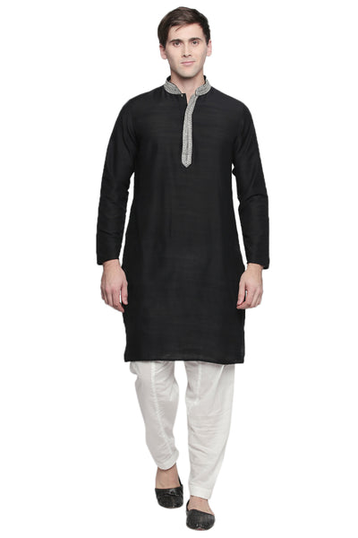Men's black embroidered cotton blend knee-length kurta, alternate front view.