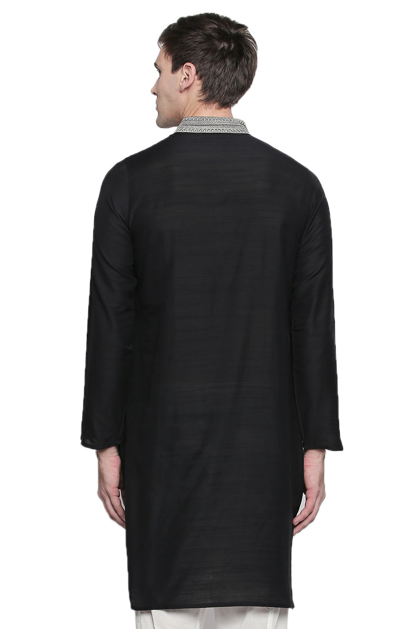 Men's black embroidered cotton blend knee-length kurta, alternate side view.