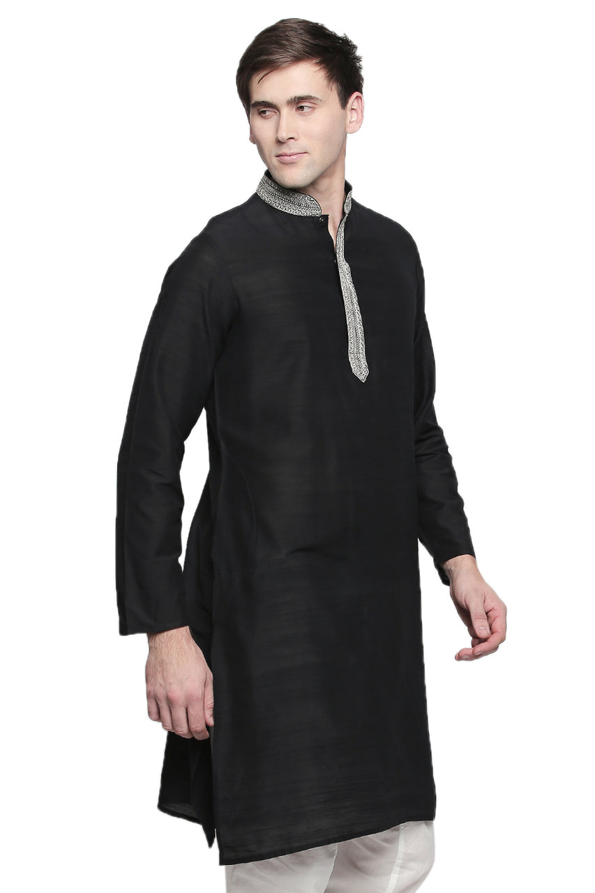Men's black embroidered cotton blend knee-length kurta, back view.