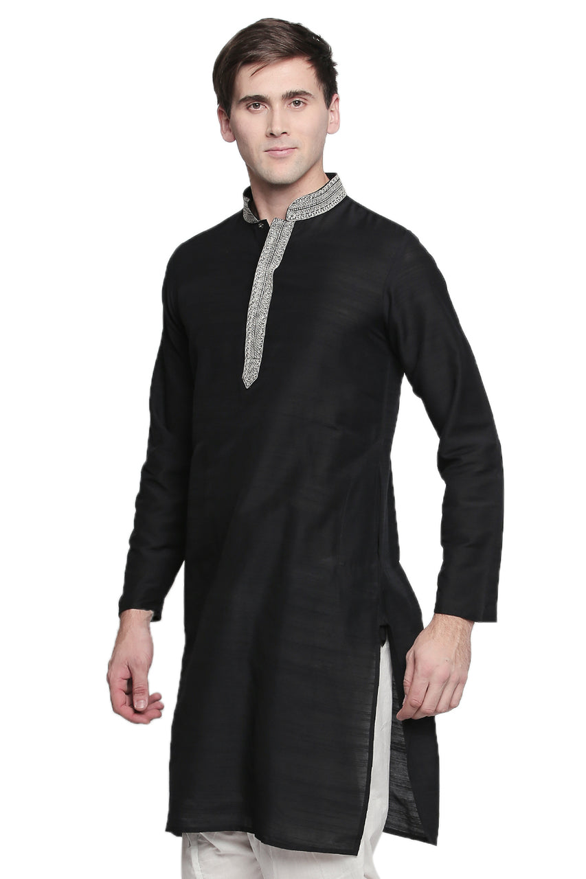 Men's black embroidered cotton blend knee-length kurta, close-up detail.