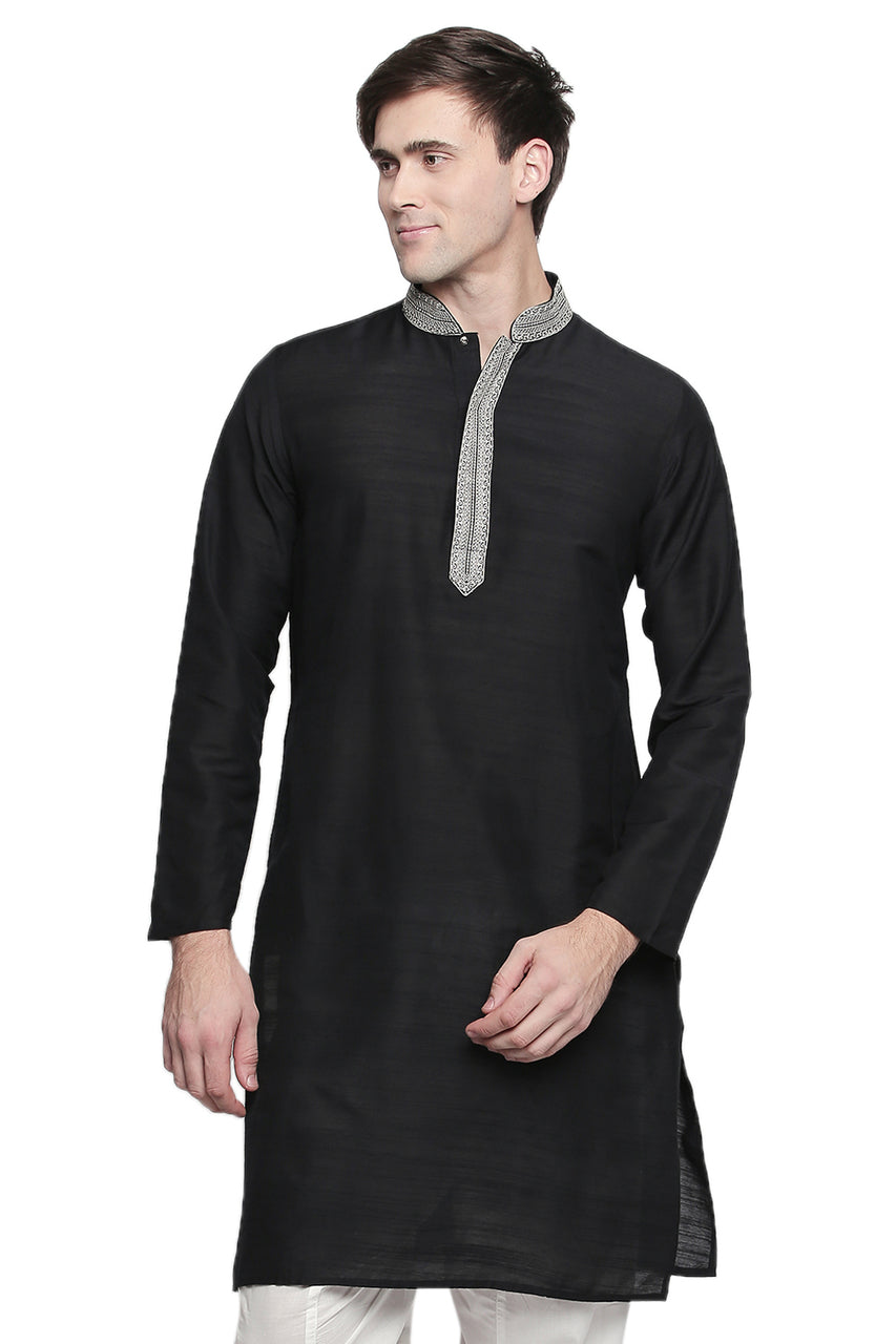 Men's black embroidered cotton blend knee-length kurta, front view.