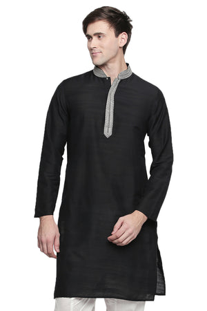 Men's black embroidered cotton blend knee-length kurta, front view.