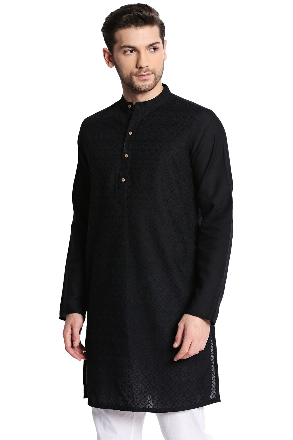 Men's black hand-embroidered cotton knee-length kurta, alternate front view.