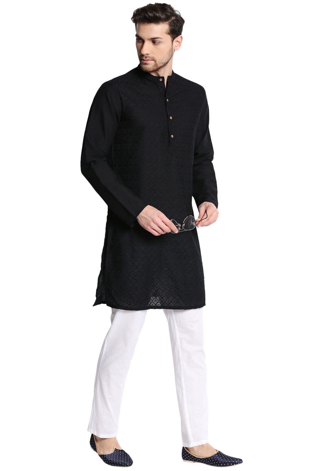 Men's black hand-embroidered cotton knee-length kurta, alternate side view.