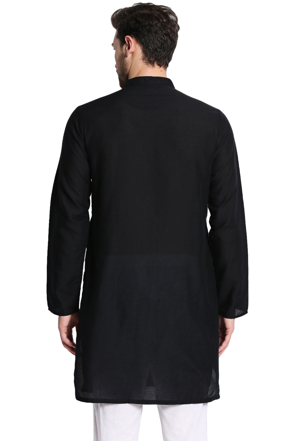 Men's black hand-embroidered cotton knee-length kurta, back view.