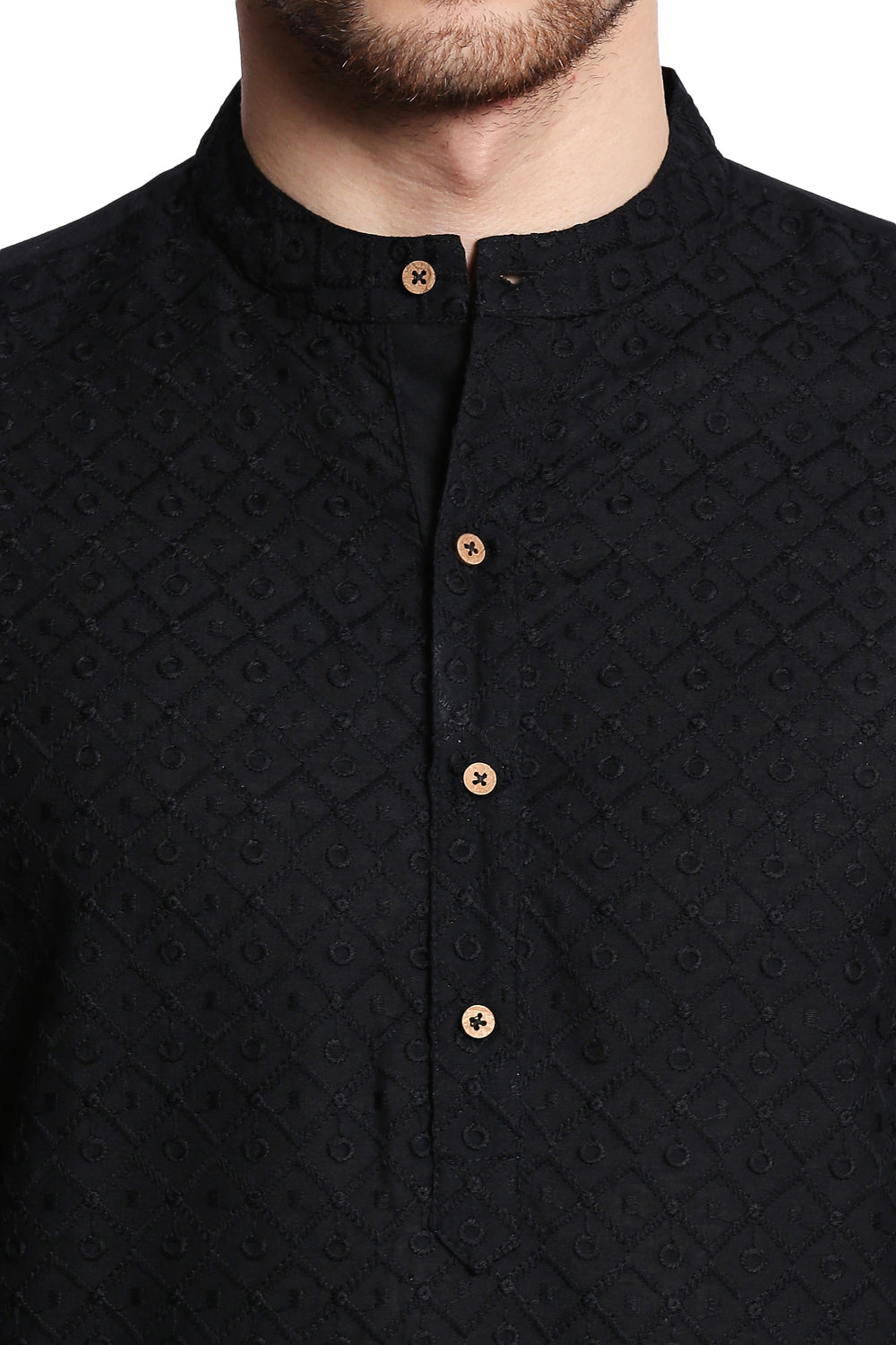 Men's black hand-embroidered cotton knee-length kurta, close-up detail.