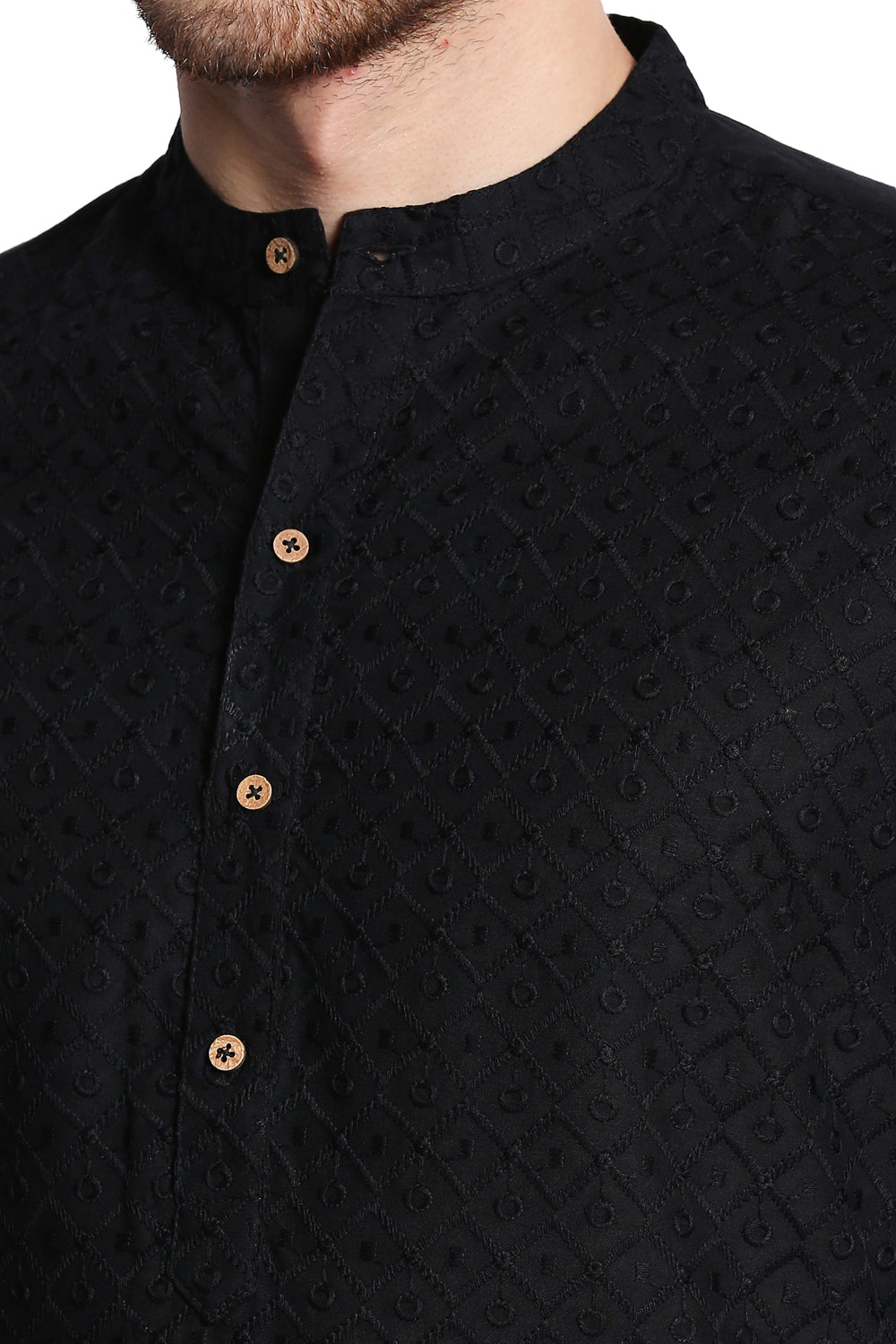 Men's black hand-embroidered cotton knee-length kurta, collar and neckline detail.