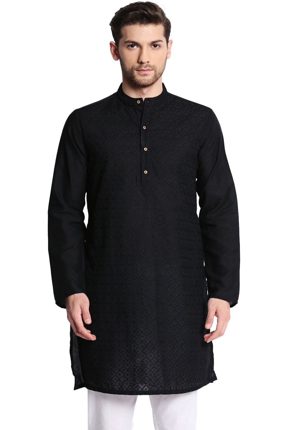 Men's black hand-embroidered cotton knee-length kurta, front view.