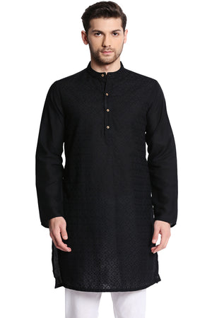 Men's black hand-embroidered cotton knee-length kurta, front view.
