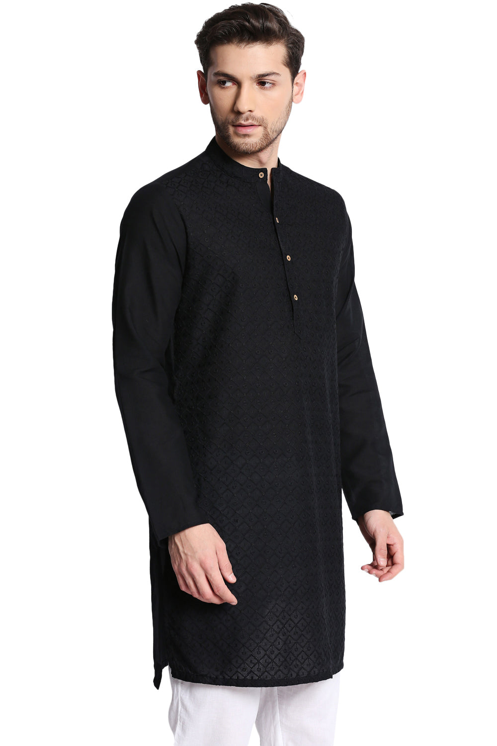 Men's black hand-embroidered cotton knee-length kurta, side view.