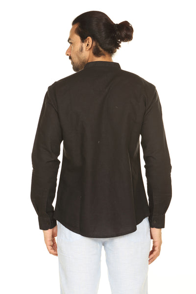 Men's black linen-cotton mandarin collar knee-length kurta, alternate front view.
