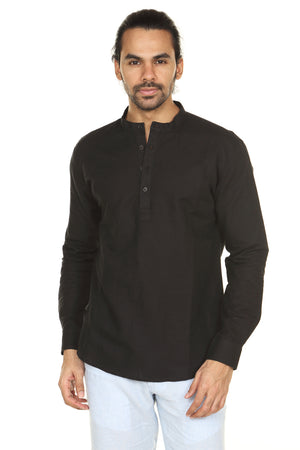 Men's black linen-cotton mandarin collar knee-length kurta, front view.
