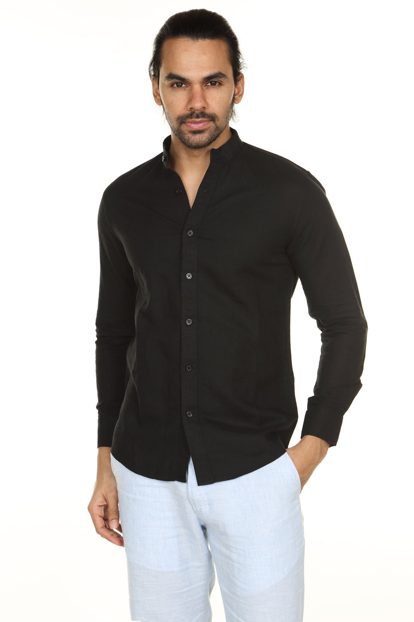 Front view of men's Black Mandarin Collar Button-Down Shirt for festive style