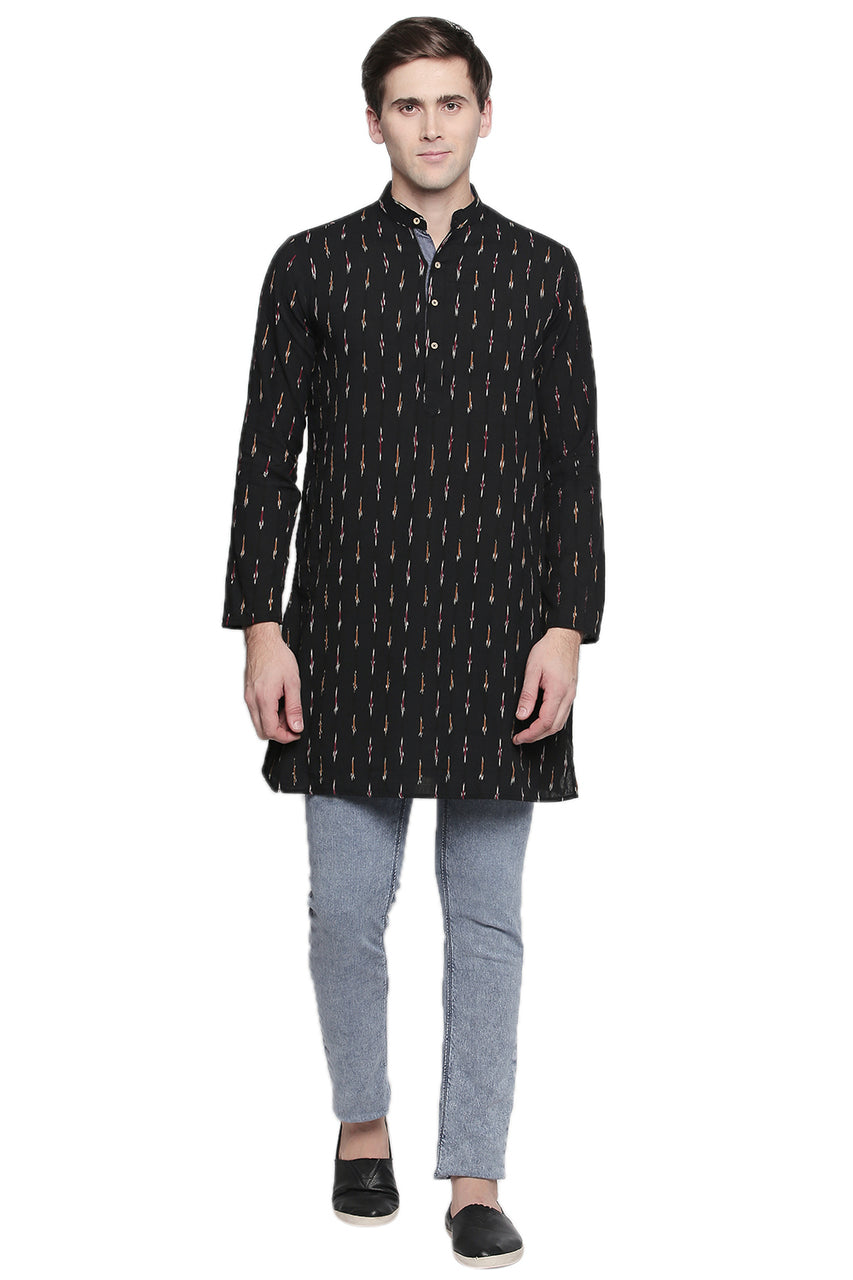 Men's black printed cotton band collar knee-length kurta, alternate front view.