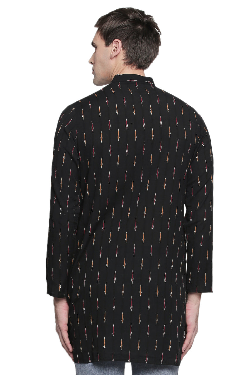 Men's black printed cotton band collar knee-length kurta, alternate side view.