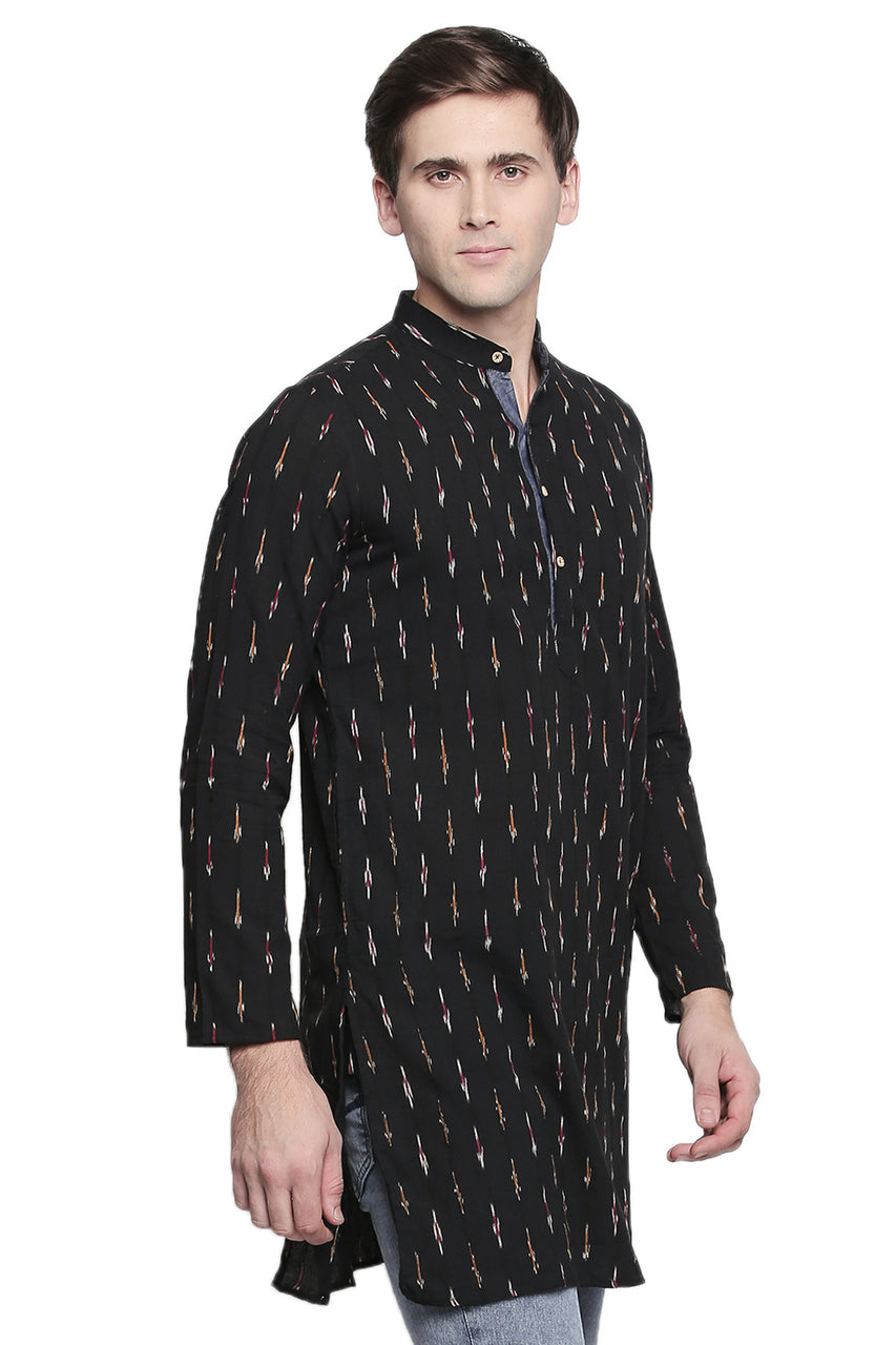 Men's black printed cotton band collar knee-length kurta, back view.