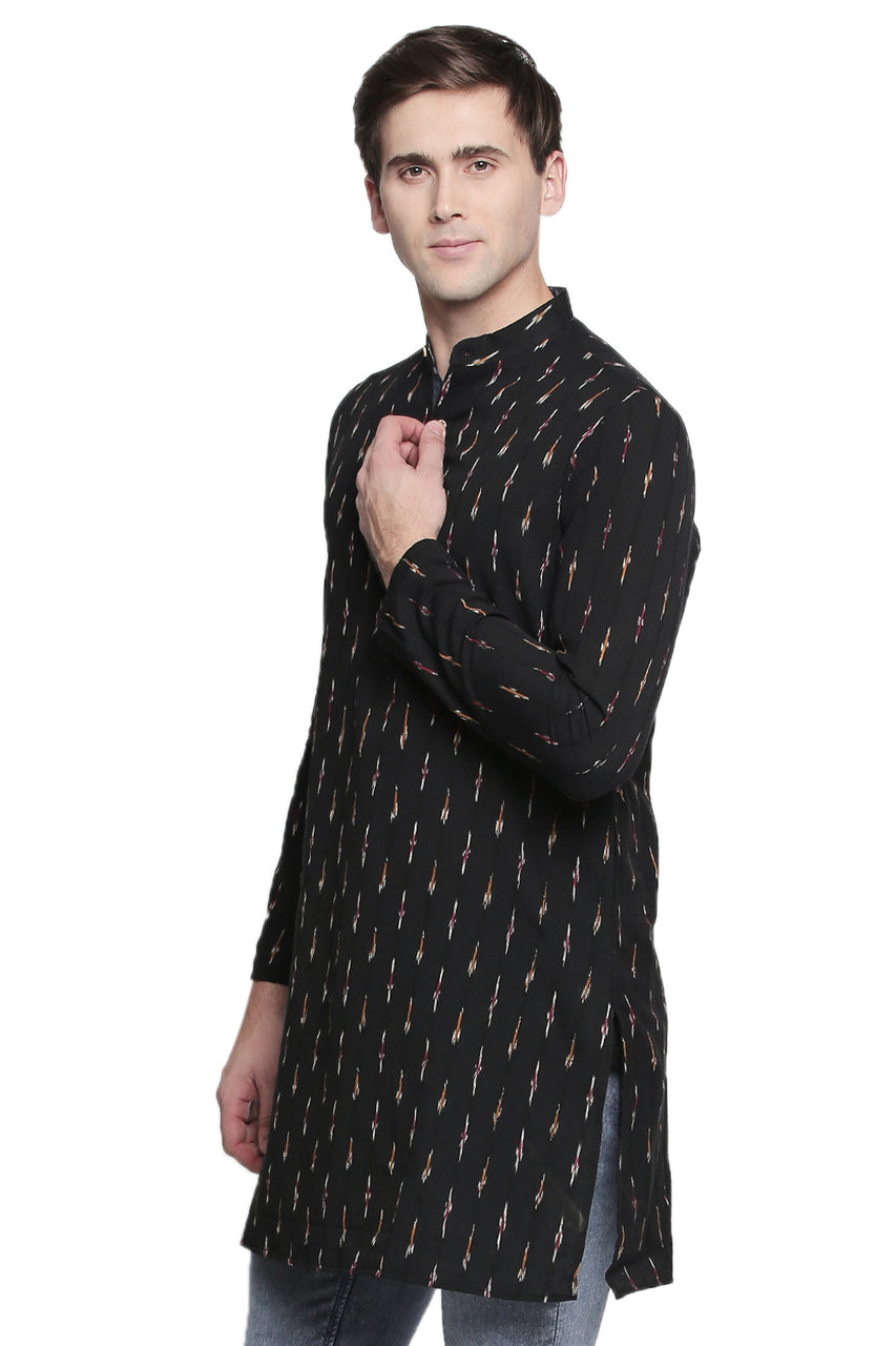 Men's black printed cotton band collar knee-length kurta, close-up detail.