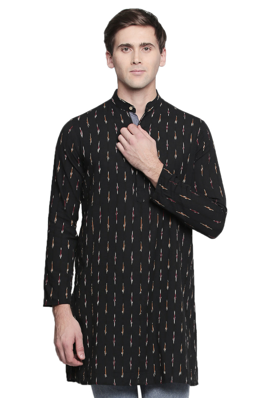 Men's black printed cotton band collar knee-length kurta, front view.