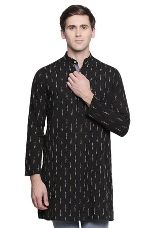 Men's black printed cotton band collar knee-length kurta, front view.