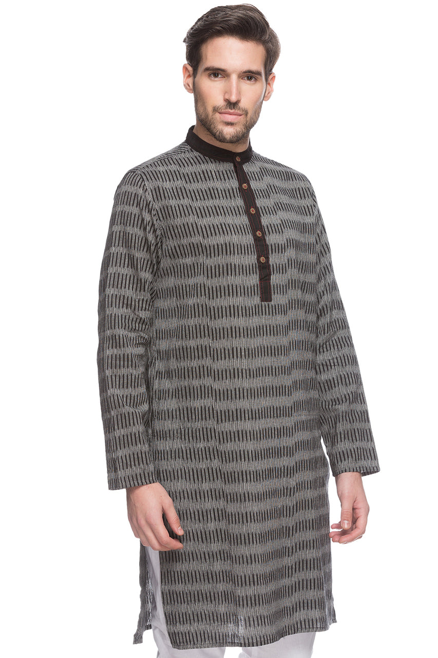 Men's black striped cotton knee-length kurta, alternate front view.