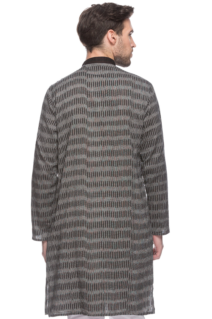 Men's black striped cotton knee-length kurta, alternate side view.