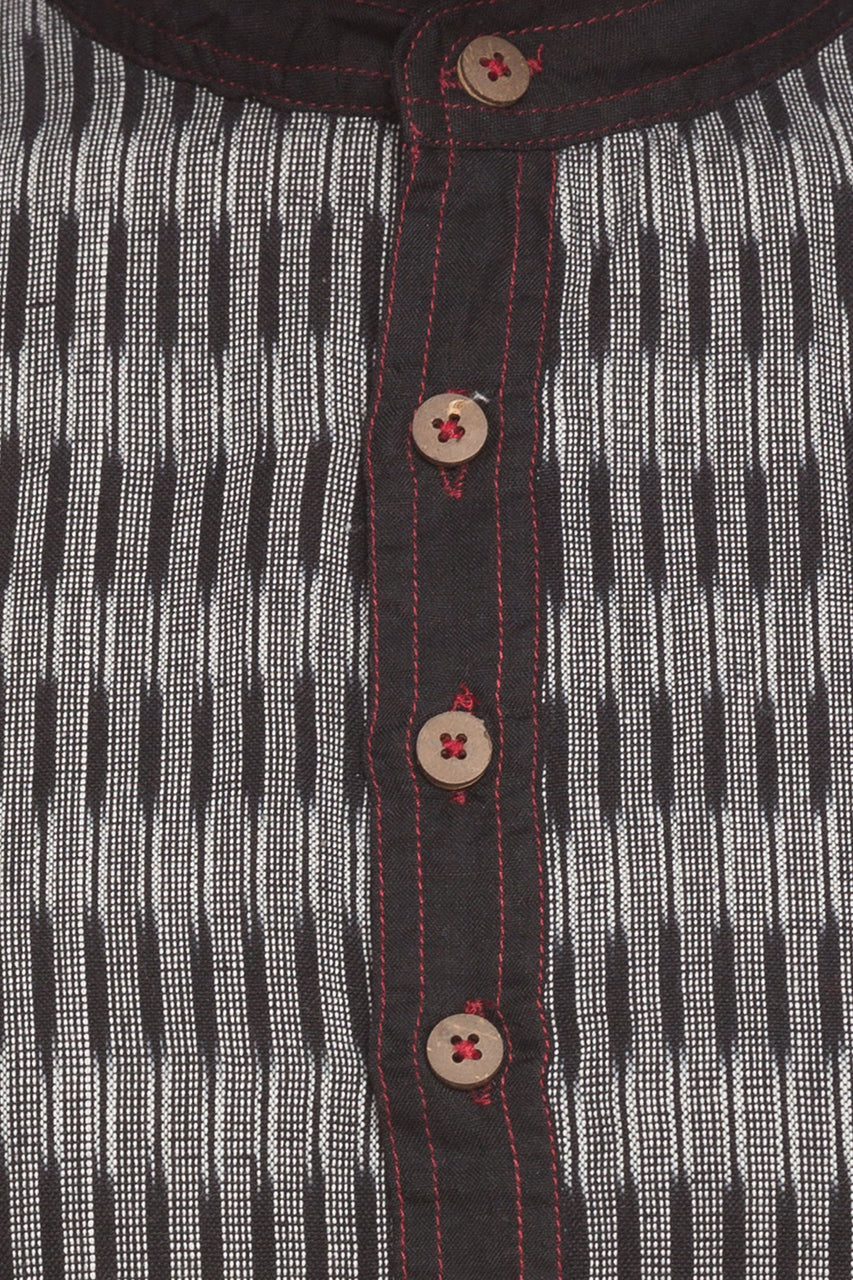 Men's black striped cotton knee-length kurta, back view.