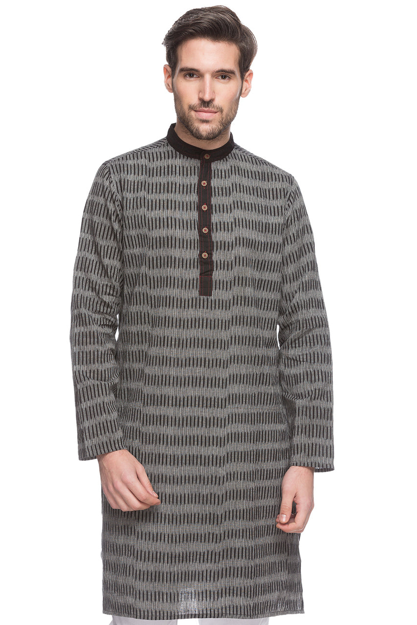 Men's black striped cotton knee-length kurta, front view.