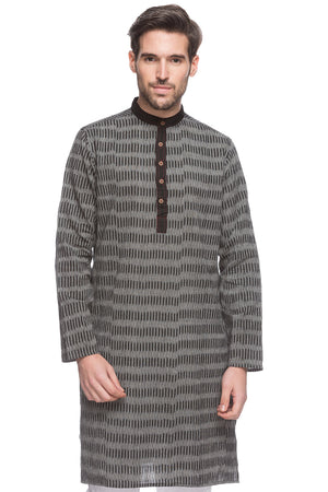 Men's black striped cotton knee-length kurta, front view.