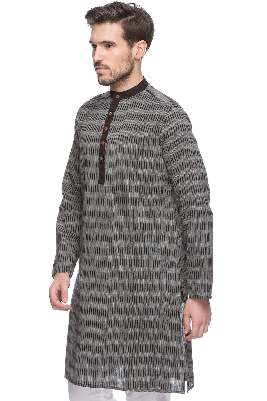 Men's black striped cotton knee-length kurta, side view.