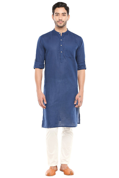 Men's blue cotton band collar knee-length kurta, alternate front view.