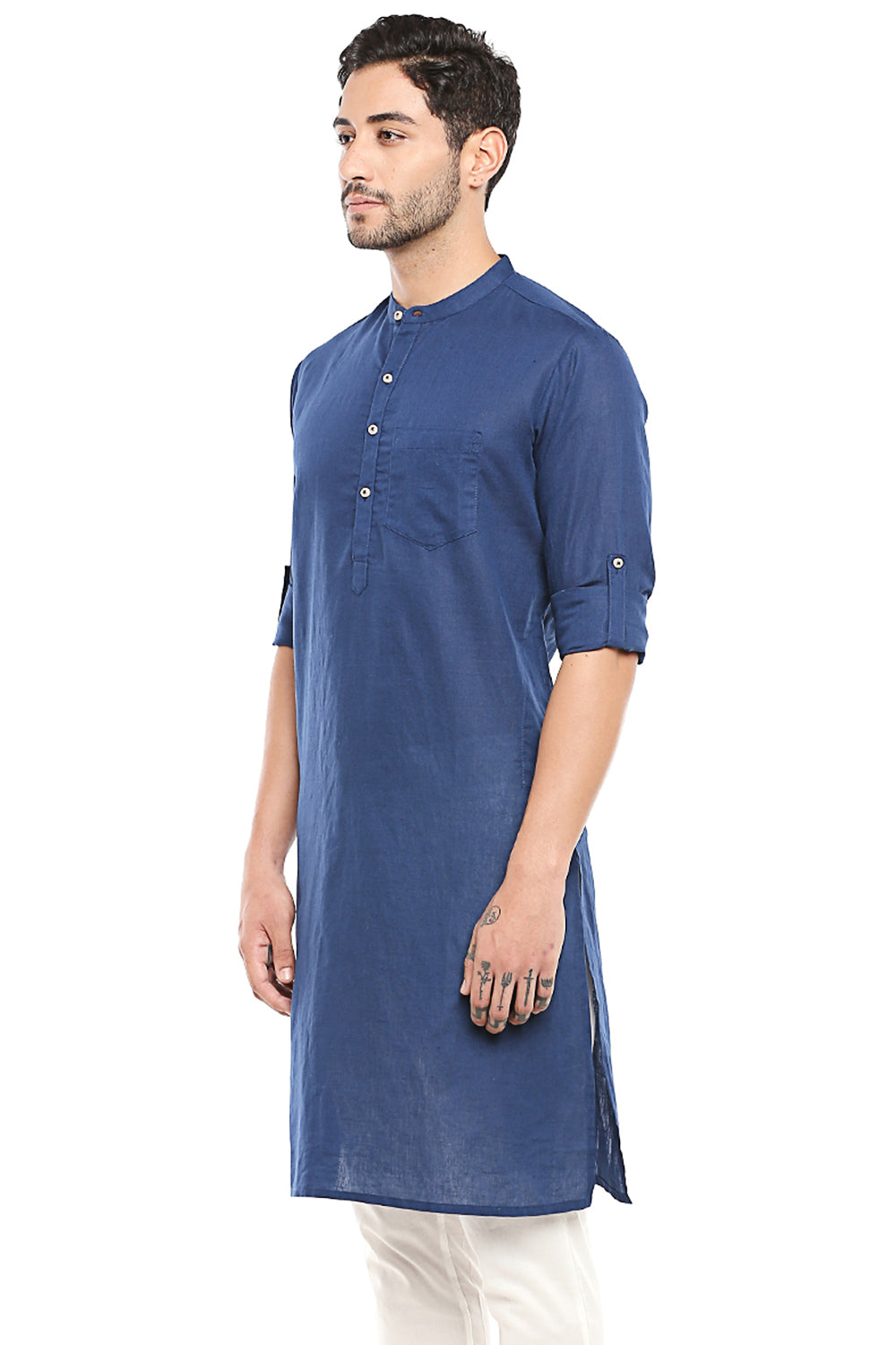 Men's blue cotton band collar knee-length kurta, alternate side view.