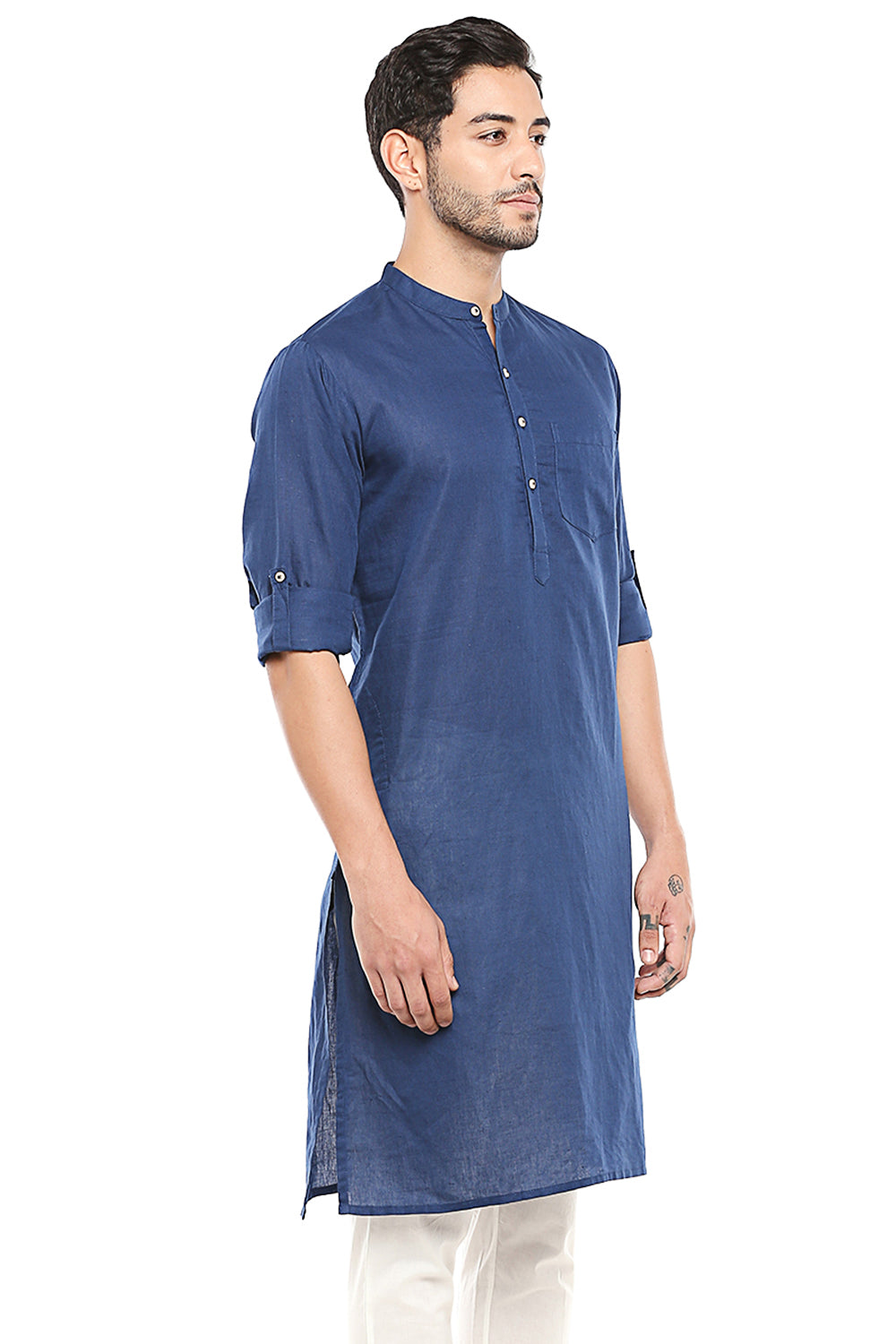 Men's blue cotton band collar knee-length kurta, back view.
