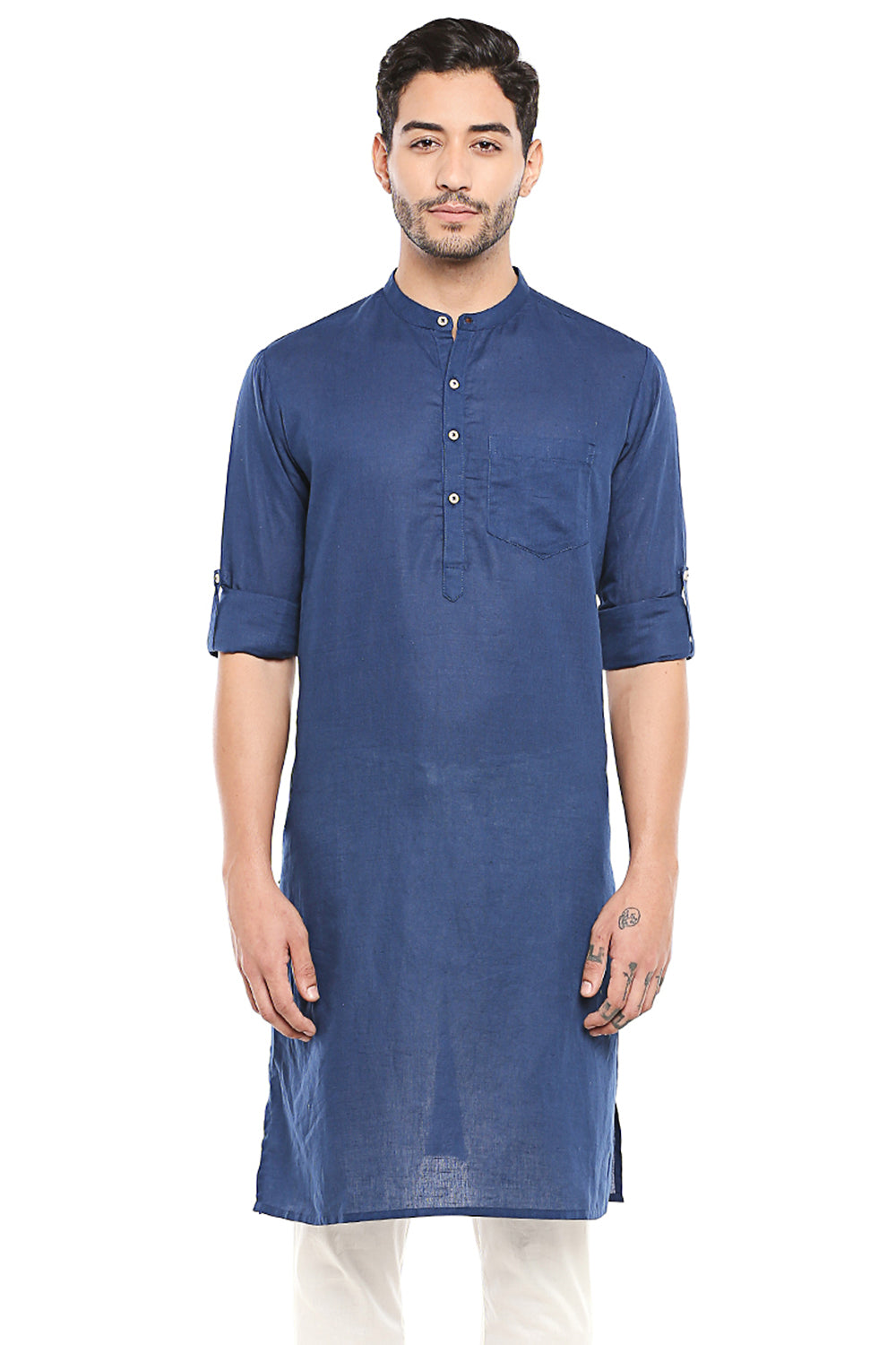 Men's blue cotton band collar knee-length kurta, front view.