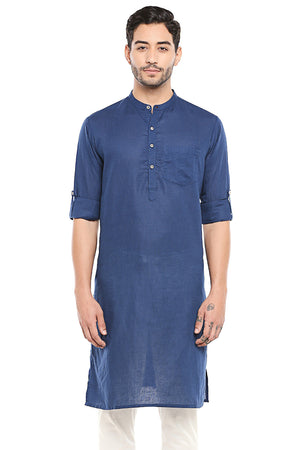Men's blue cotton band collar knee-length kurta, front view.