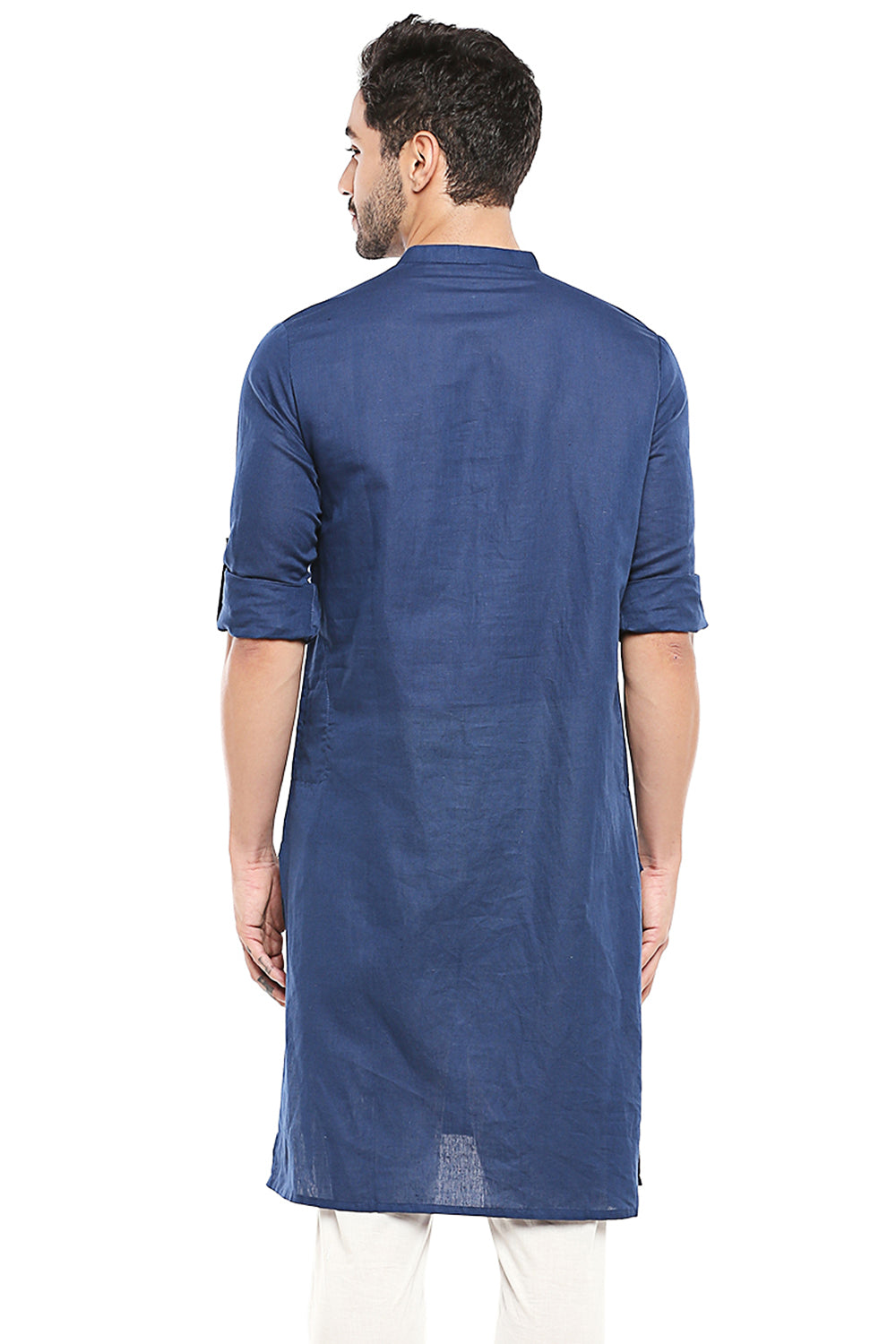 Men's blue cotton band collar knee-length kurta, side view.