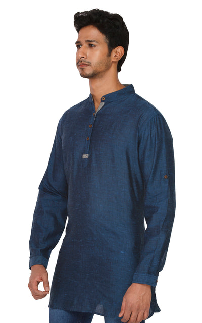 Men's blue cotton blend band collar knee-length kurta, alternate front view.