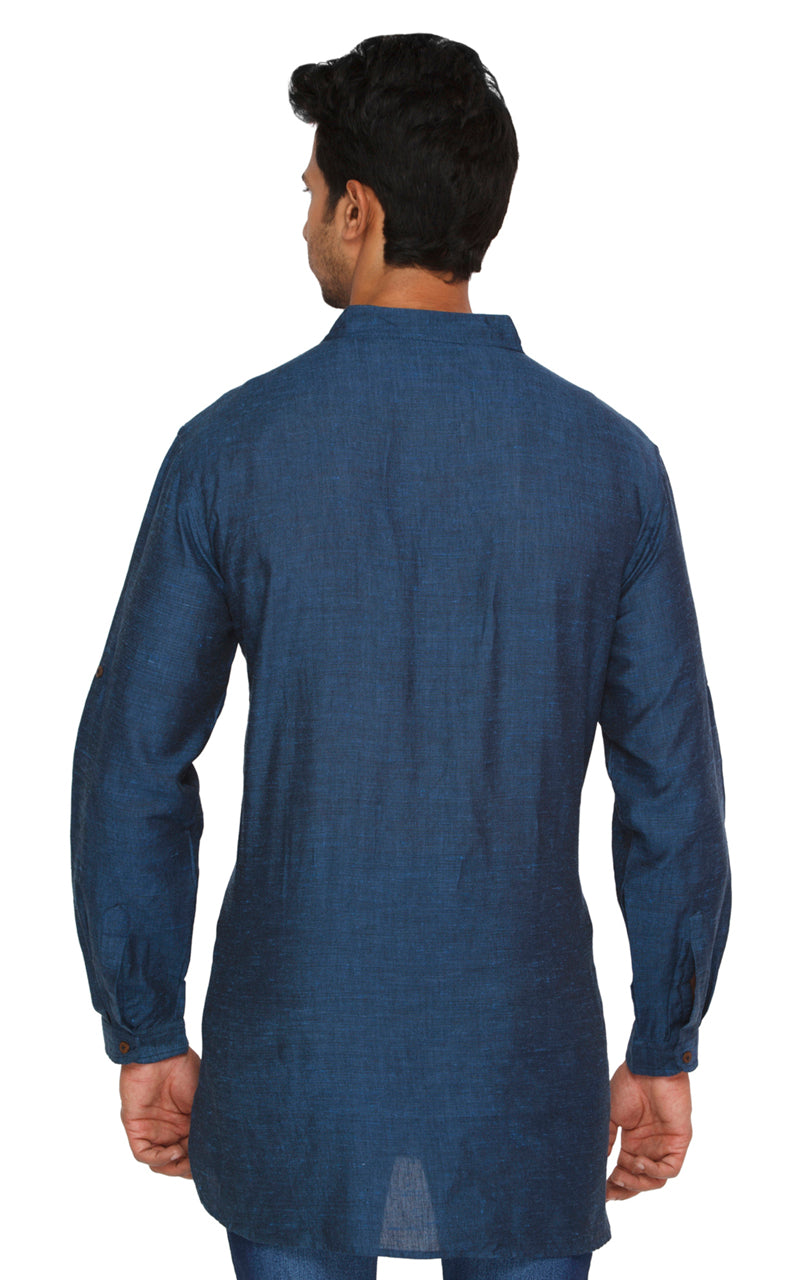 Men's blue cotton blend band collar knee-length kurta, alternate side view.