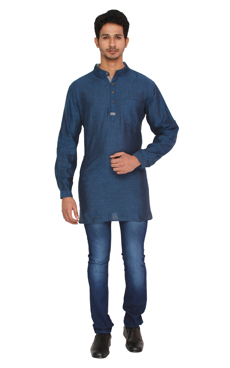 Men's blue cotton blend band collar knee-length kurta, back view.
