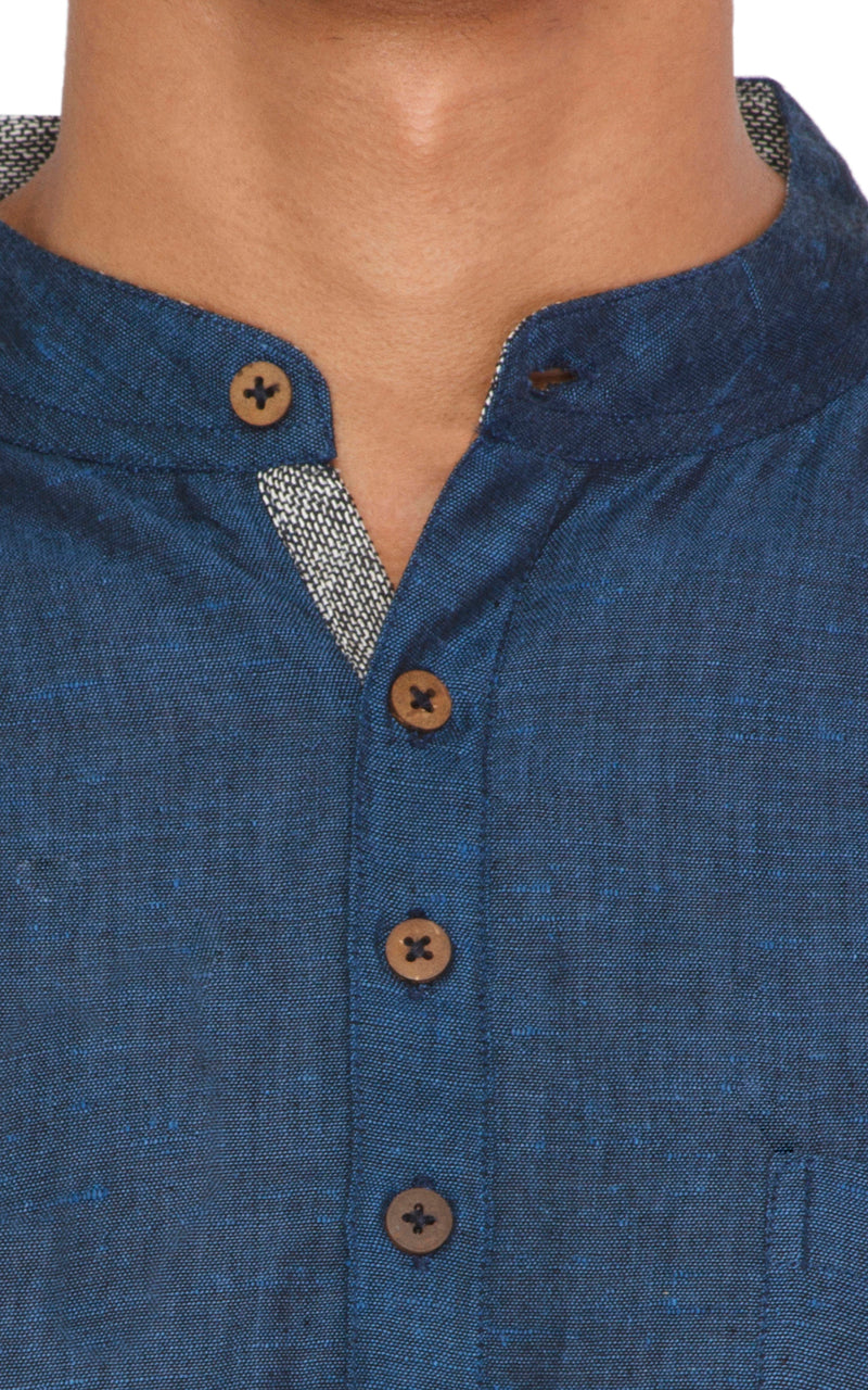 Men's blue cotton blend band collar knee-length kurta, close-up detail.