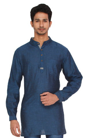 Men's blue cotton blend band collar knee-length kurta, front view.