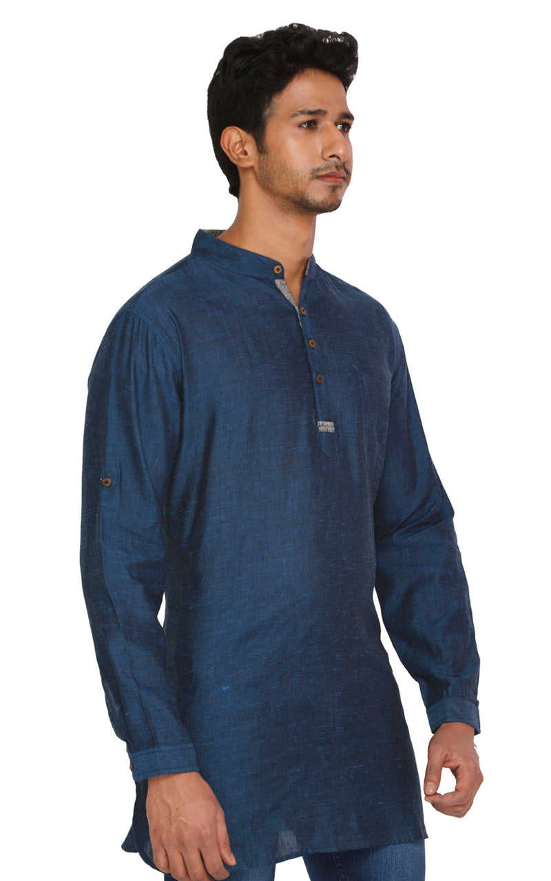 Men's blue cotton blend band collar knee-length kurta, side view.