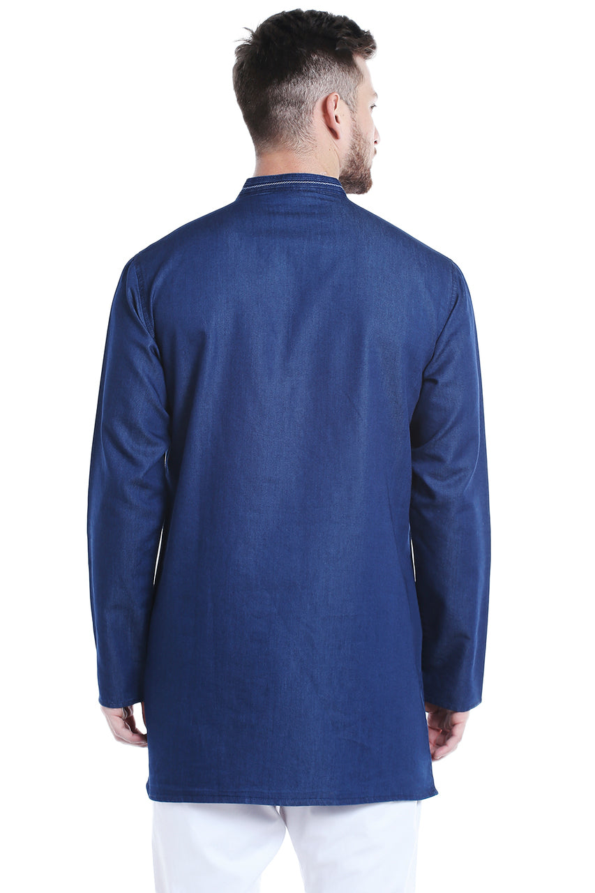 Men's blue cotton blend mandarin collar knee-length kurta, alternate front view.
