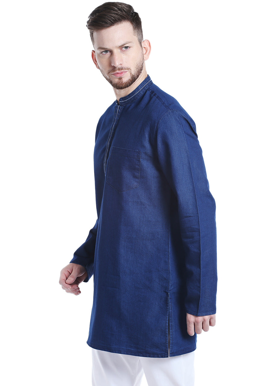 Men's blue cotton blend mandarin collar knee-length kurta, alternate side view.
