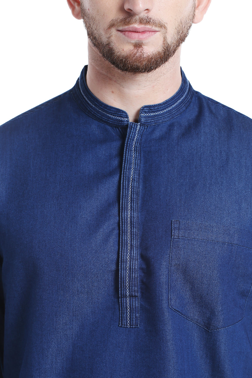 Men's blue cotton blend mandarin collar knee-length kurta, back view.