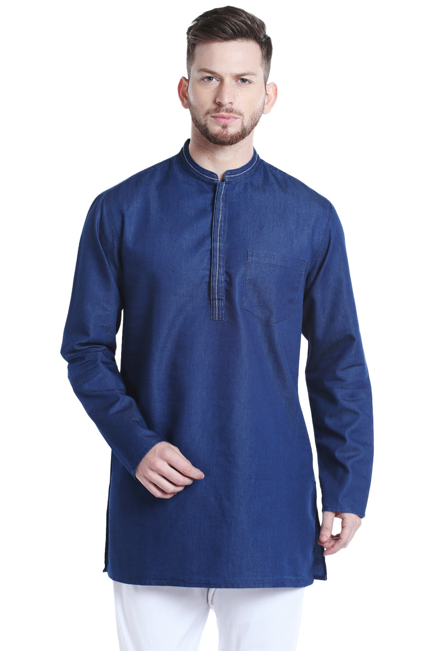 Men's blue cotton blend mandarin collar knee-length kurta, front view.